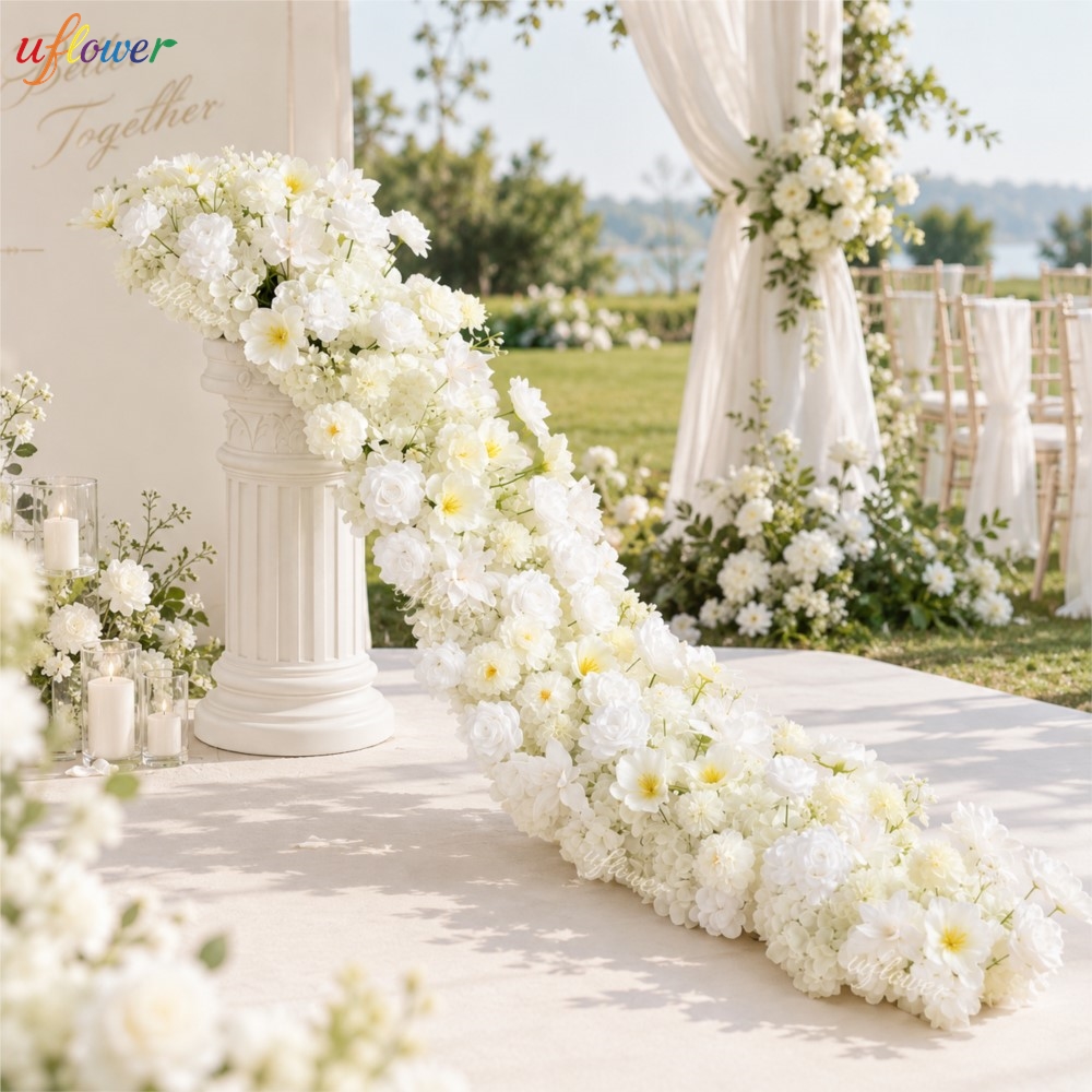 Table Runner - إكليل زهور اصطناعية من الورد الأبيض
